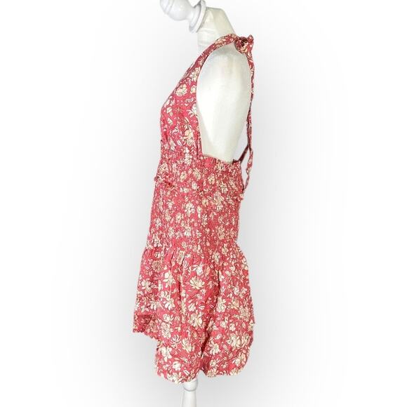 J.Crew Mini Dress Women's Large Pink White Floral Smocked Halter Ruffle V-Neck - Picture 4 of 13